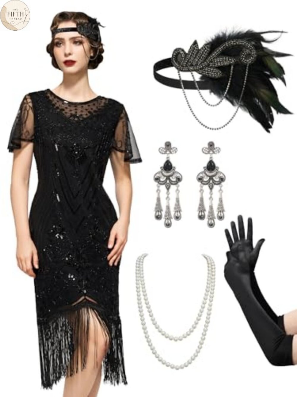 1920s Flapper Dress Lace Neck Fringe Short Sleeve Gatsby Costume